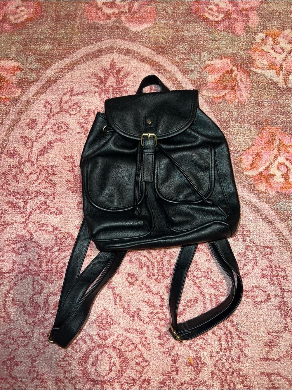 Small Black Faux Leather Drawstring Backpack